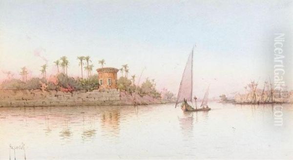 Arabs Passing The Pyramids At Giza; A Dhow On The Nile Oil Painting by Spyridon Scarvelli