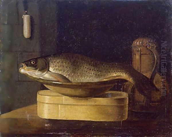 Still Life Of A Carp In A Bowl Placed On A Wooden Box, All Resting On A Table Oil Painting by Sebastien Stoskopff