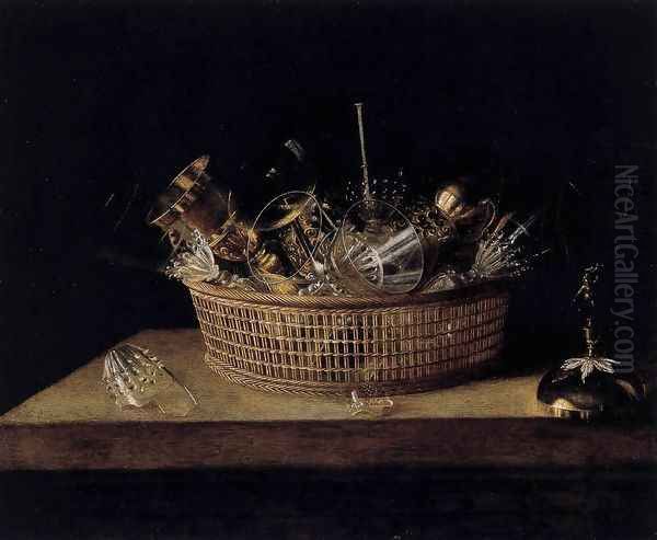 Still-Life of Glasses in a Basket 1644 Oil Painting by Sebastien Stoskopff