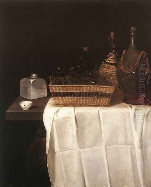 Still-Life with Glasses and Bottles 1641-44 Oil Painting by Sebastien Stoskopff