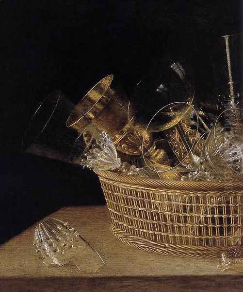 Still-Life of Glasses in a Basket (detail) 1644 Oil Painting by Sebastien Stoskopff