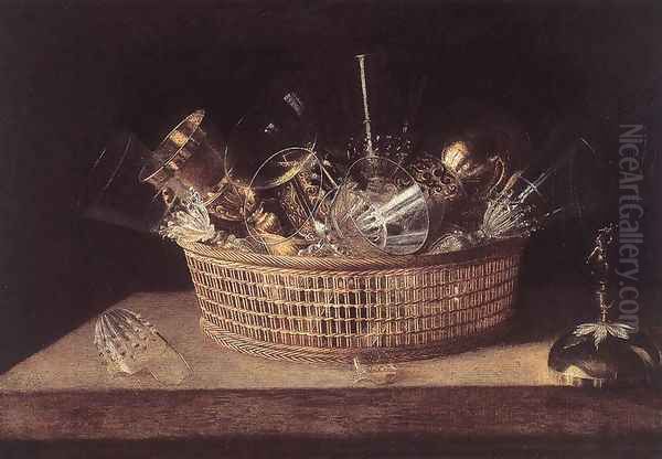 Still-Life of Glasses in a Basket Oil Painting by Sebastien Stoskopff