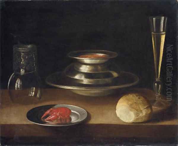 Bread, a carafe of wine, an upturned roemer and a crayfish on a plate with a bowl of soup and glass of wine Oil Painting by Sebastien Stoskopff