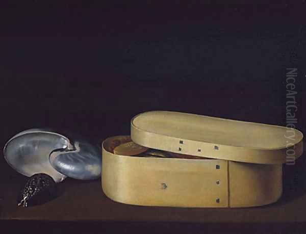 Still Life with a Nautilus Panther Shell and Chip Wood Box ca 1630 Oil Painting by Sebastien Stoskopff