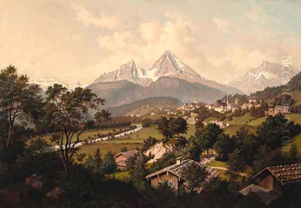 Blick auf den Watzmann in der Nahe von Salzburg Oil Painting by Hubert Sattler