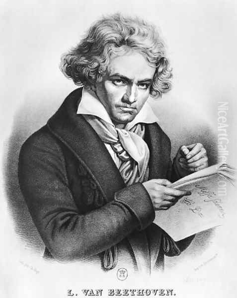 Ludwig van Beethoven 1770-1827 Composing his Missa Solemnis, engraved by Charles or Pierre Charles Vogt Oil Painting by Joseph Karl Stieler