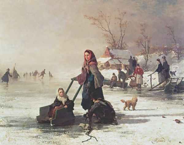 Skaters on a Frozen Canal Oil Painting by Henri van Seben