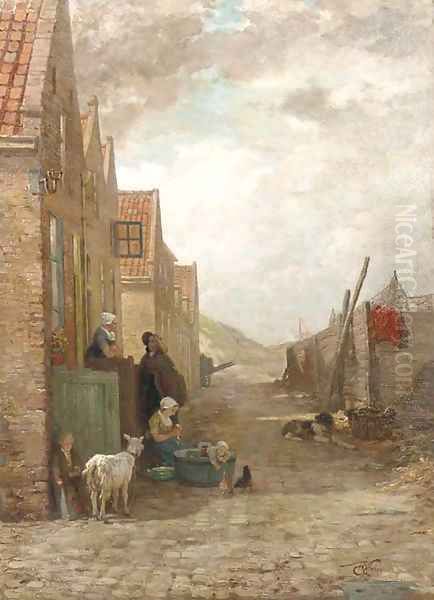 Figures and animals in a small street, Arnemuiden Oil Painting by Henri van Seben