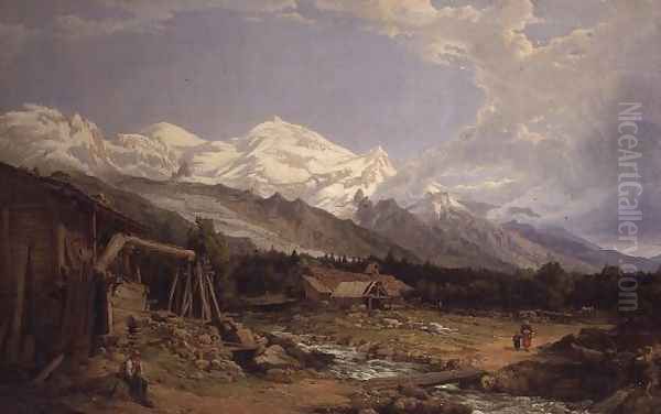 Alpine landscape with figures by a mountain stream Oil Painting by George Clarkson Stanfield