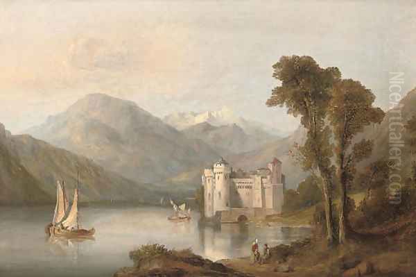 Figures resting beside an alpine lake, a castle beyond Oil Painting by George Clarkson Stanfield