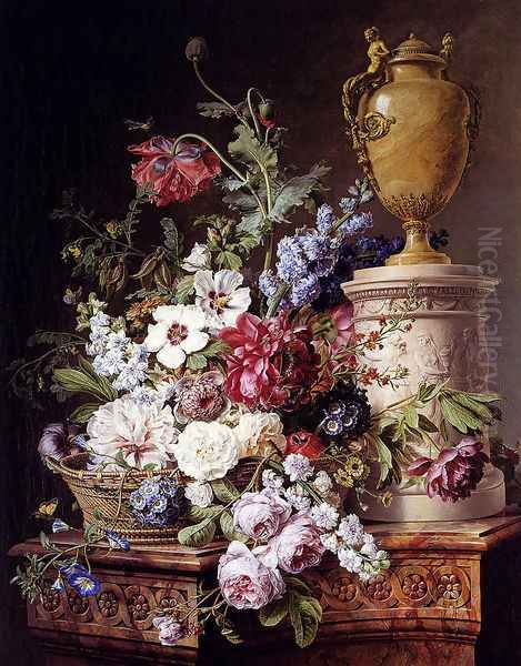 Still Life Of Flowers In A Basket With Two Butterflies, A Drgonfly, A Fly And A Beetle By An Alabaster Urn On A Marble Pedestal Oil Painting by Gerard Van Spaendonck