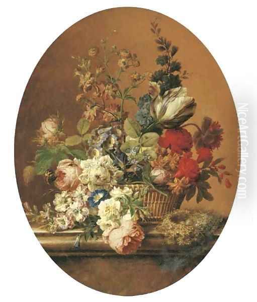 A tulip, primroses, forget-me-not, roses, delphinium, buttercup, poppies, morning glory and other flowers in a basket with a dunnock's nest on a stone Oil Painting by Gerard Van Spaendonck