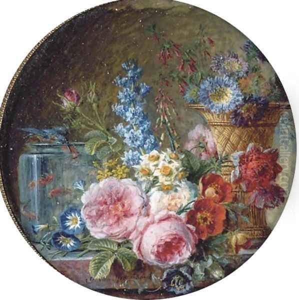 Cabbage rose, white rose, Austrian copper briar, small morning glory, tazetta narcissus, jonquil, hyacinth, lachenalia, poppy anemone Oil Painting by Gerard Van Spaendonck