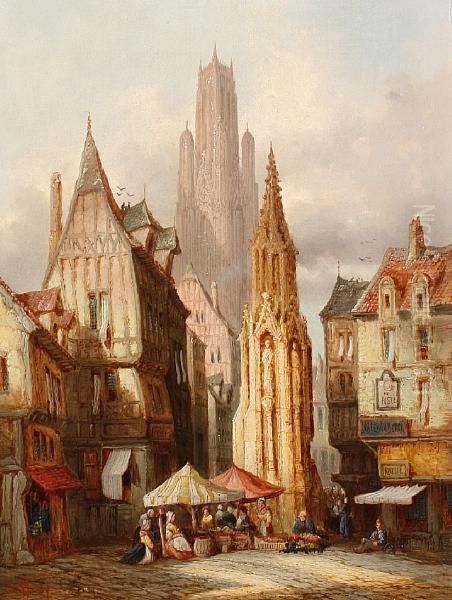 Market Scene, Evreux; Street Scene, Rouen, Apair Oil Painting by Henry Thomas Schafer