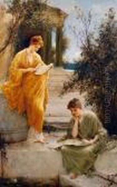 Classical Women Reading By A Temple Oil Painting by Henry Thomas Schafer