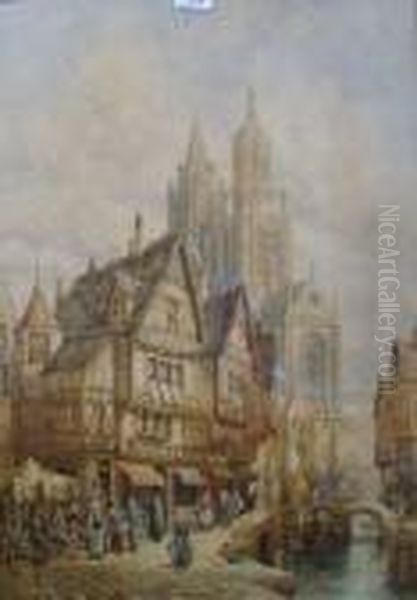 A Northern French City With Cathedral And Figures At Vegetable Stall Oil Painting by Henry Thomas Schafer