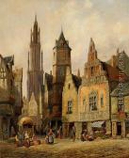 Markt In Antwerpen Oil Painting by Henry Thomas Schafer