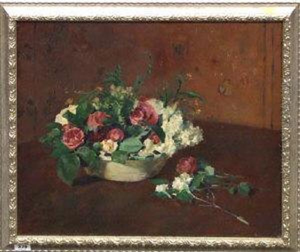 Red Roses And White Carnations In A Bowl Oil Painting by Henry Thomas Schafer