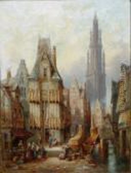 R.b.a. - - Oils On Canvas - 
Rouen,normandy 'place De La Croix De St.pierre'; Antwerp, Belgium 'in 
The Steen'. Each Signed And Dated 1889 Lower Left Oil Painting by Henry Thomas Schafer