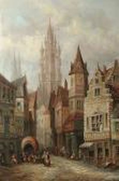 A Continental Street Scene, A Cathedral Beyond Oil Painting by Henry Thomas Schafer