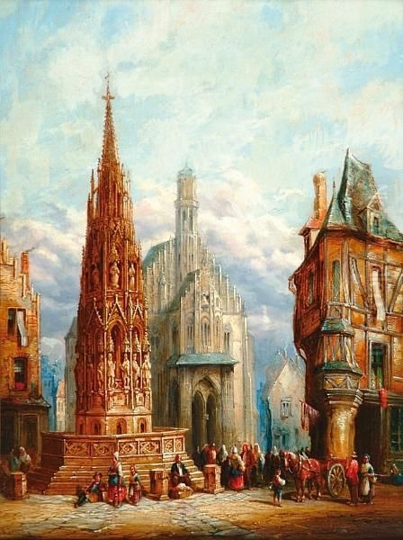 A Continental Town Square With A Monument Oil Painting by Henry Thomas Schafer