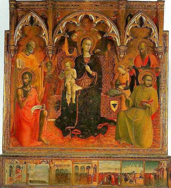 Madonna and Child Enthroned with Four Angels and SS John the Baptist Peter Francis and Paul Oil Painting by Stefano Di Giovanni Sassetta