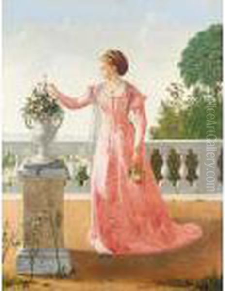 Portrait Of A Lady In A Pink Satin Dress, Standing On A Veranda Oil Painting by Henry Thomas Schafer