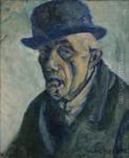 L'homme A La Pipe (autoportrait) Oil Painting by Hugo Scheiber