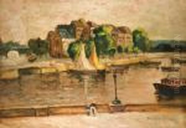 River Landscape With Boats Oil Painting by Hugo Scheiber