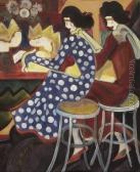 Zwei Frauen An Einer Bar Sitzend Oil Painting by Hugo Scheiber