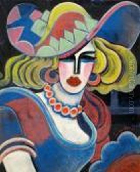 Blond Woman With A Hat Oil Painting by Hugo Scheiber