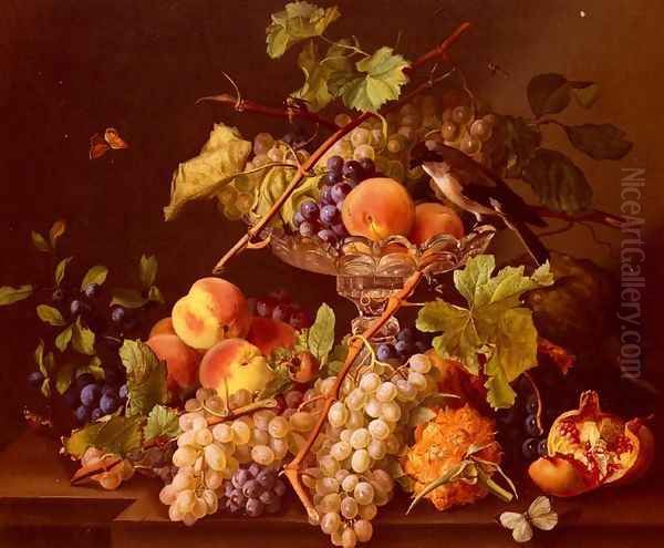 A Still Life With Song Bird And Fruit In A Crystal Tazza Oil Painting by Josef Seboth