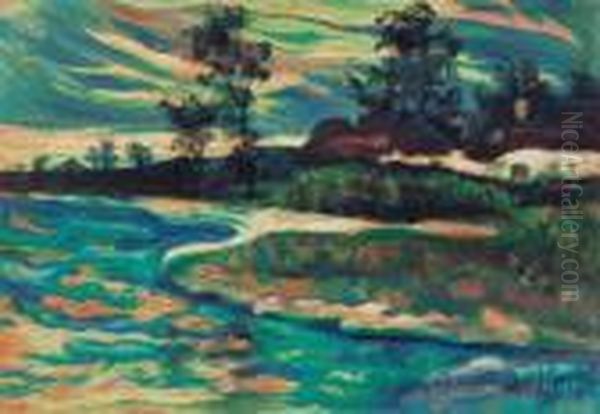 Riverbank Oil Painting by Hugo Scheiber