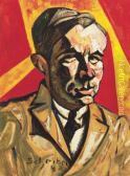 Red-yellow Portrait (portrait Of Bela Barabas) Oil Painting by Hugo Scheiber