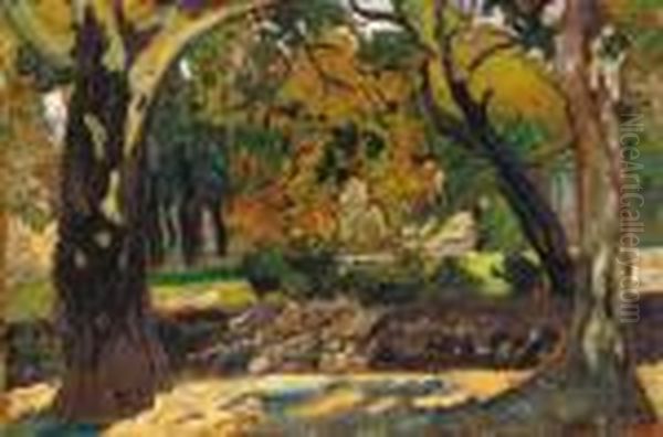 Detail Of The City Park, About 1920 Oil Painting by Hugo Scheiber