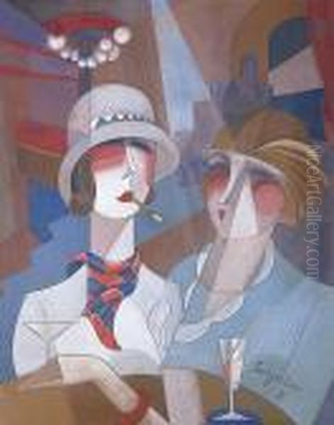 Les Deux Jeunes Femmes Au Bar Oil Painting by Hugo Scheiber