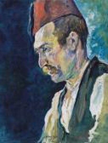 Man In Blue Waistcoat Oil Painting by Hugo Scheiber