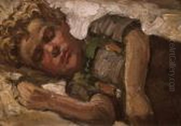 A Sleeping Child Oil Painting by Hugo Scheiber