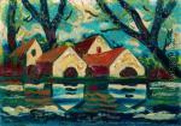 Houses Mirrored In The River Oil Painting by Hugo Scheiber