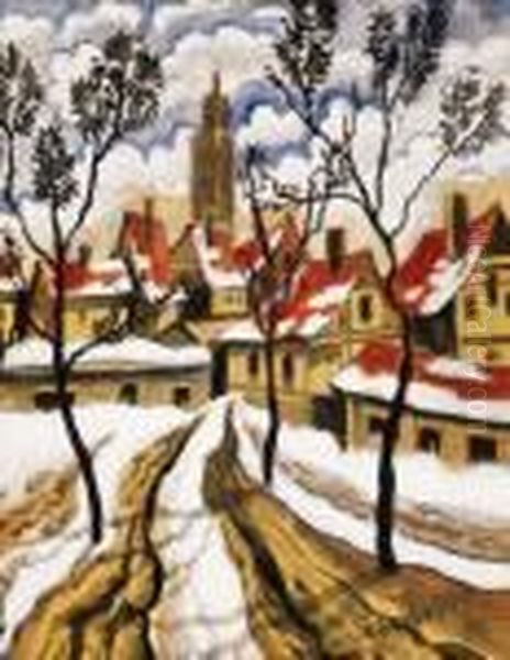 Town In Winter Oil Painting by Hugo Scheiber