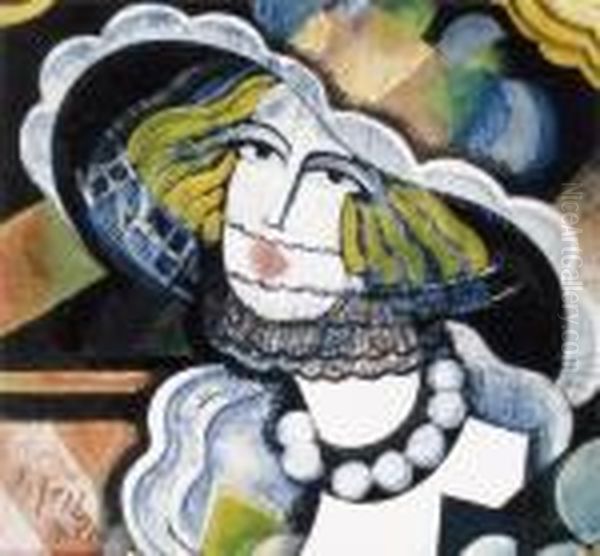 Woman In Hat With Pearl-necklace Oil Painting by Hugo Scheiber