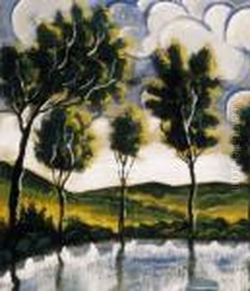 Lakeside Landscape Oil Painting by Hugo Scheiber