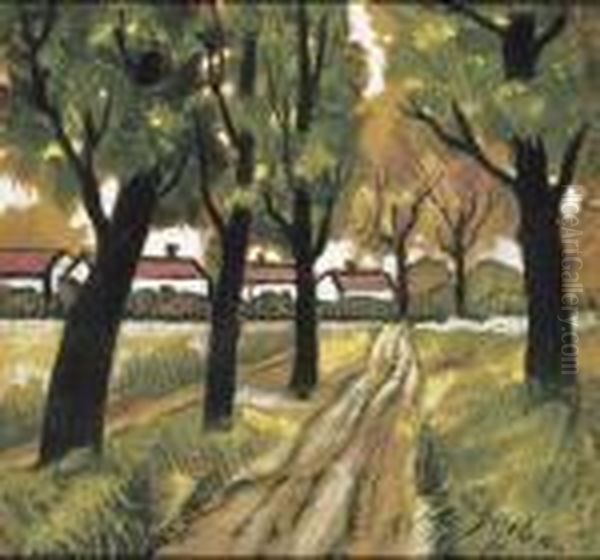 Red Roofs Behind Trees Oil Painting by Hugo Scheiber