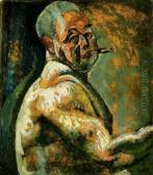 Self Portrait With Naked Bust Oil Painting by Hugo Scheiber