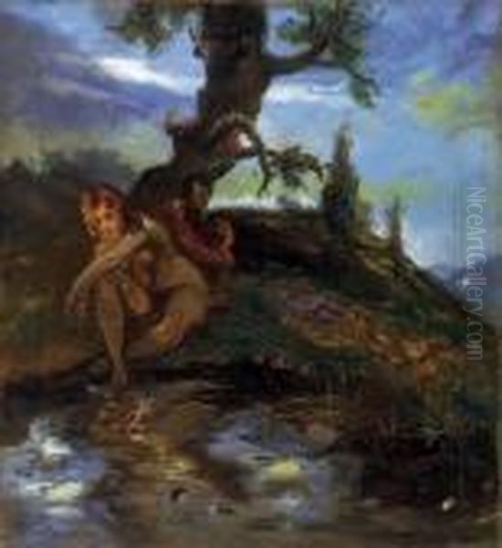 Nymph And Faun Oil Painting by Hugo Scheiber