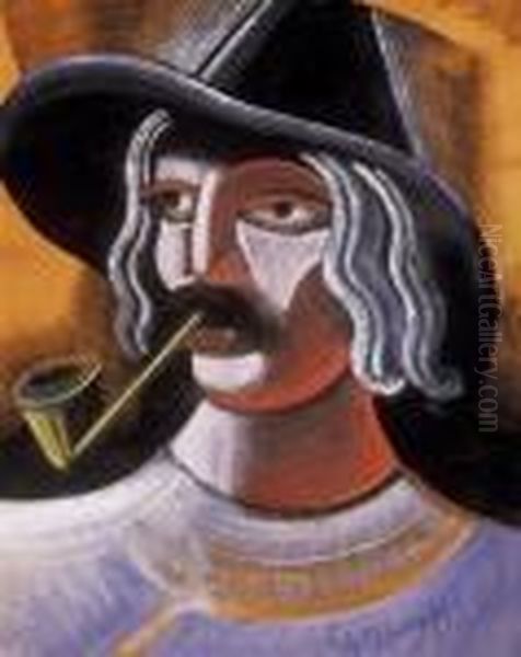 Man In A Hat, Smoking A Cigar Oil Painting by Hugo Scheiber