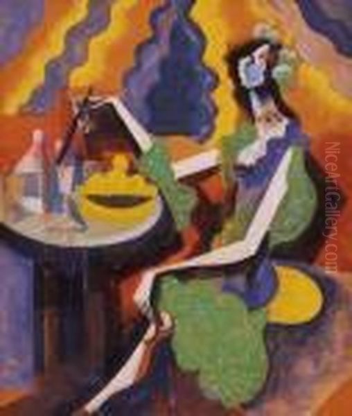 Green-dressed Woman In A Bar Oil Painting by Hugo Scheiber