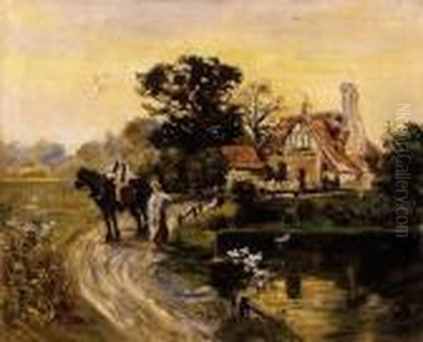 Meeting At The Edge Of The Village, About 1905 Oil Painting by Hugo Scheiber