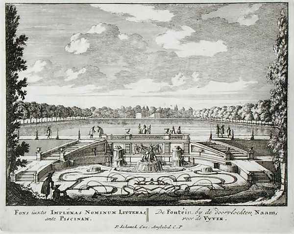 Fountain and water jets in a Dutch formal garden, from Admirandorum Quadruplex Spectaculum, by Jan van Call 1656-1703, published before 1715 Oil Painting by Pieter Schenk