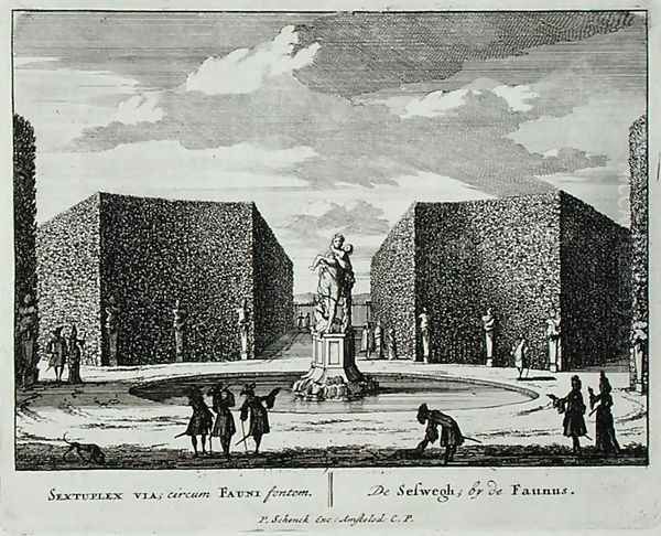 Hexagonal hedge by a faun fountain, from Admirandorum Quadruplex Spectaculum, by Jan van Call 1656-1703, published before 1715 Oil Painting by Pieter Schenk